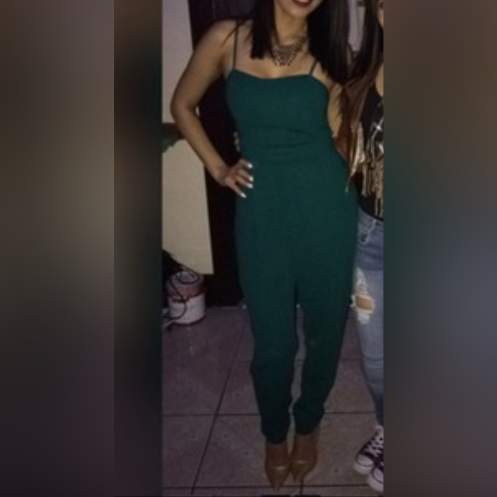 Dark forest green one piece pant spaghetti strap romper